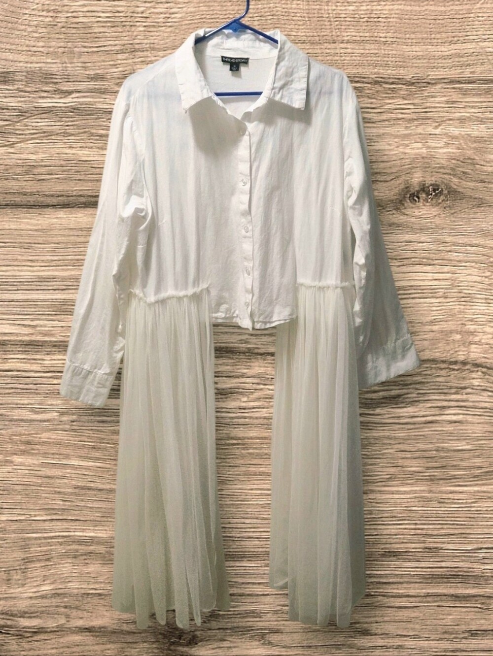 BoHo White Button-Up Shirt with Sheer Tulle Panels
